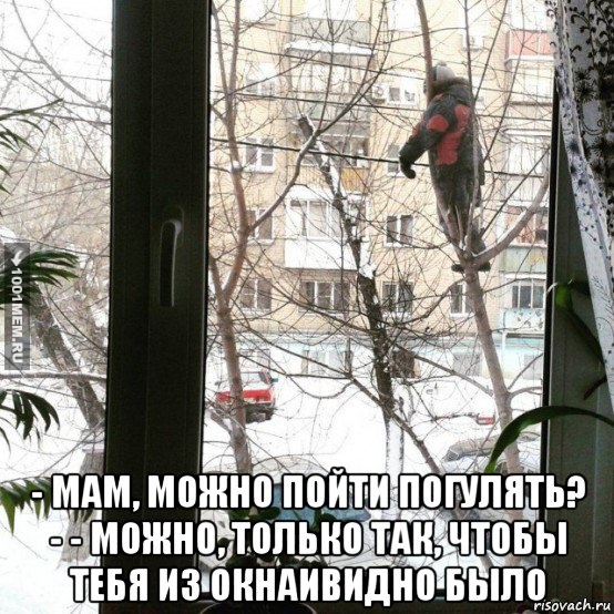 - Мам, можно пойти погулять? -Можно, только так, чтобы тебя из окна видно было